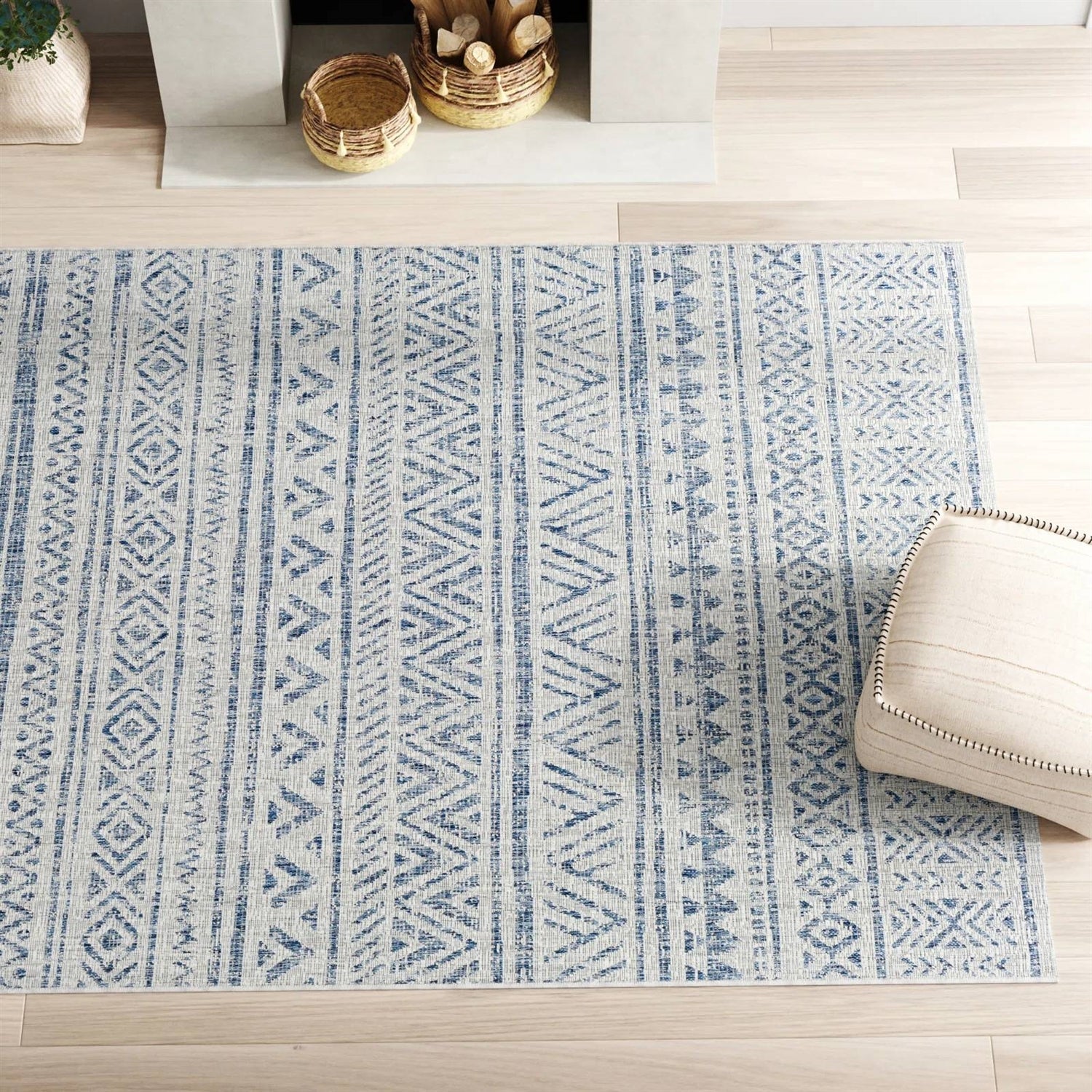 5 ft. x 7.5 ft. Blue Grey Chevron Coastal Boho Style Indoor Outdoor Area Rug-0