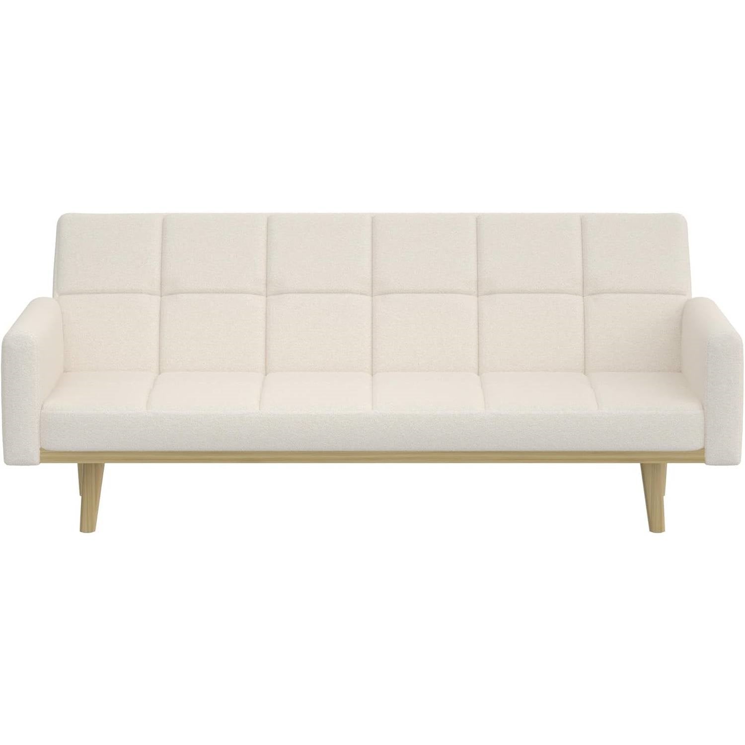 Modern Mid-Century Futon Sleeper Sofa Bed in Sherpa Ivory Fabric Upholstery-0