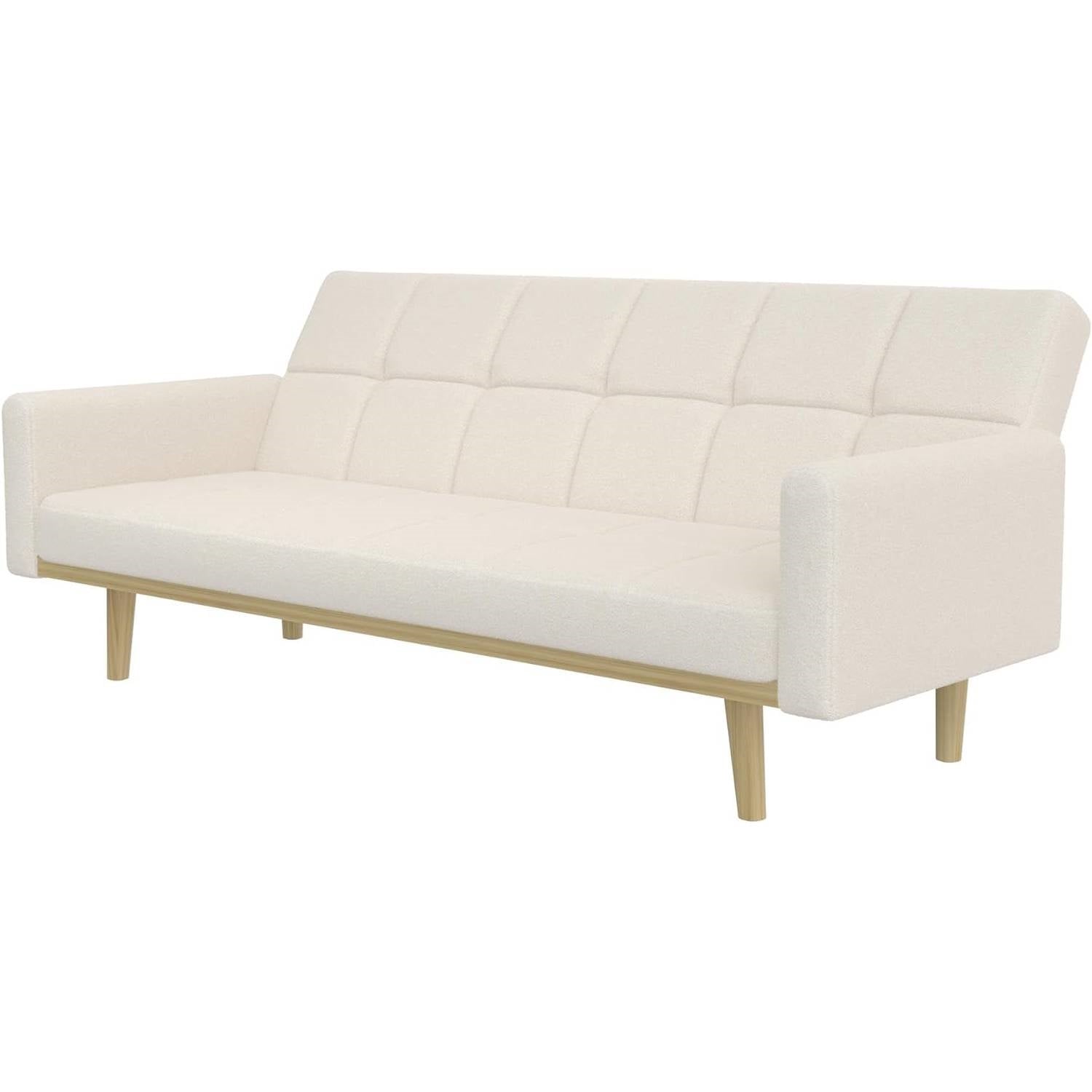 Modern Mid-Century Futon Sleeper Sofa Bed in Sherpa Ivory Fabric Upholstery-1