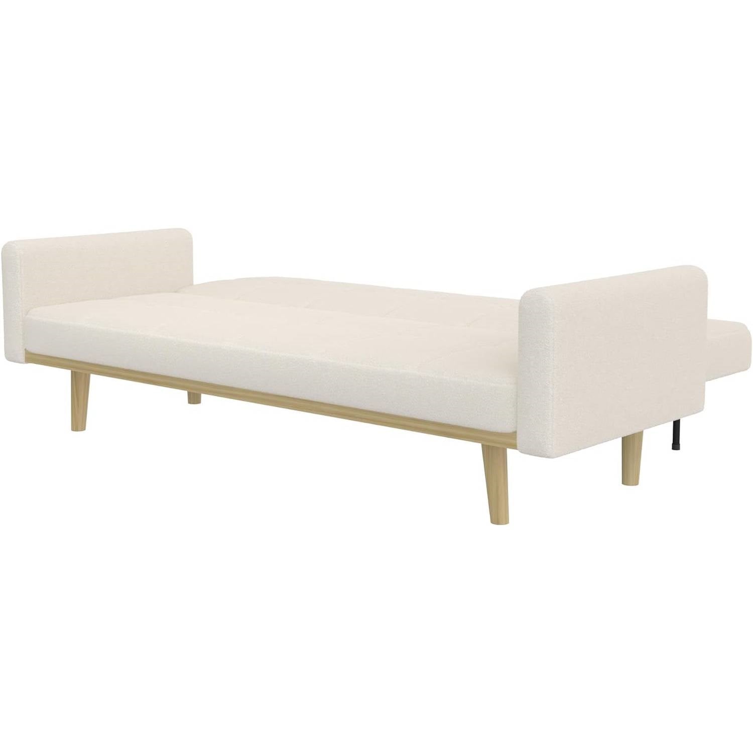 Modern Mid-Century Futon Sleeper Sofa Bed in Sherpa Ivory Fabric Upholstery-2