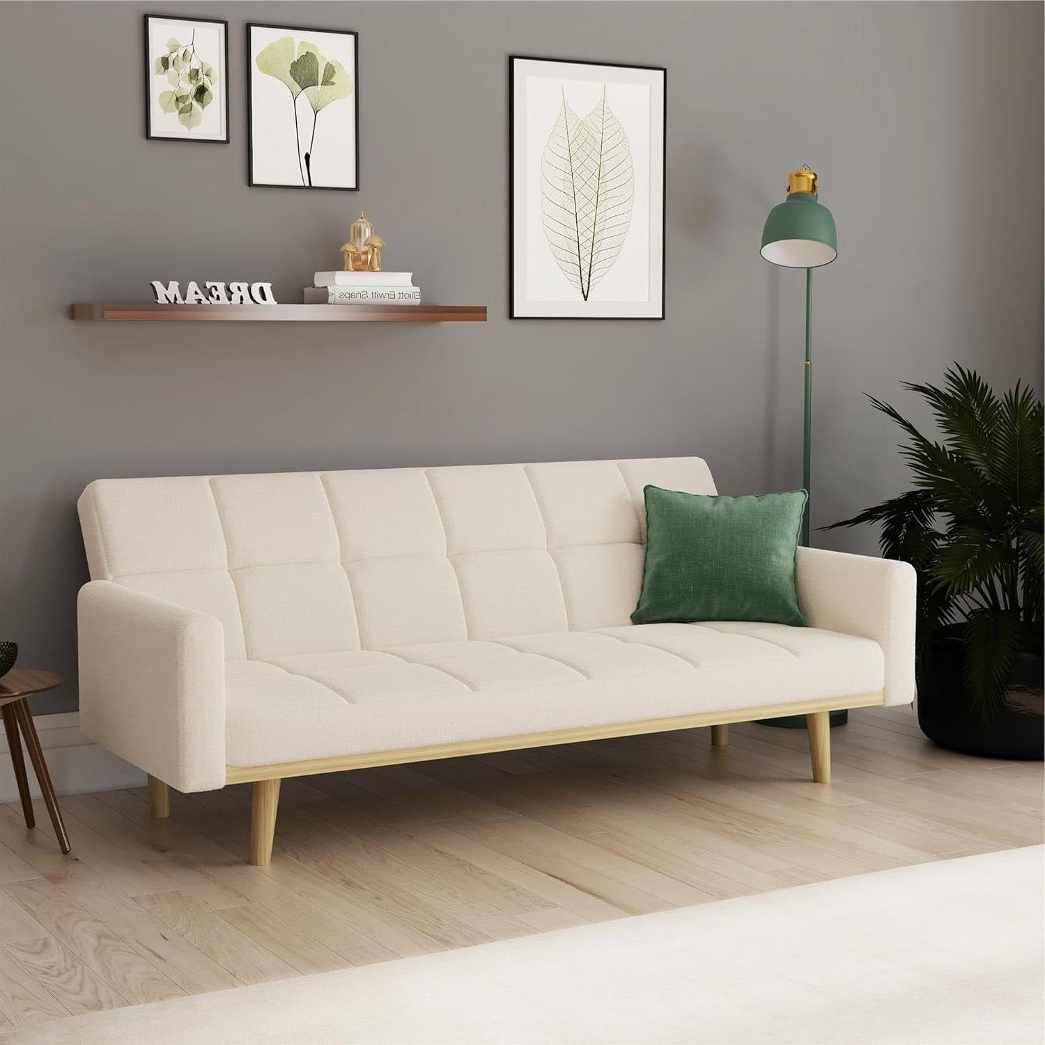 Modern Mid-Century Futon Sleeper Sofa Bed in Sherpa Ivory Fabric Upholstery-3