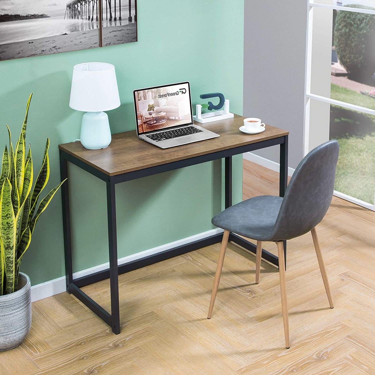 Small Home Office Modern Laptop Computer Desk Table Metal Frame Brown Wood Top-2