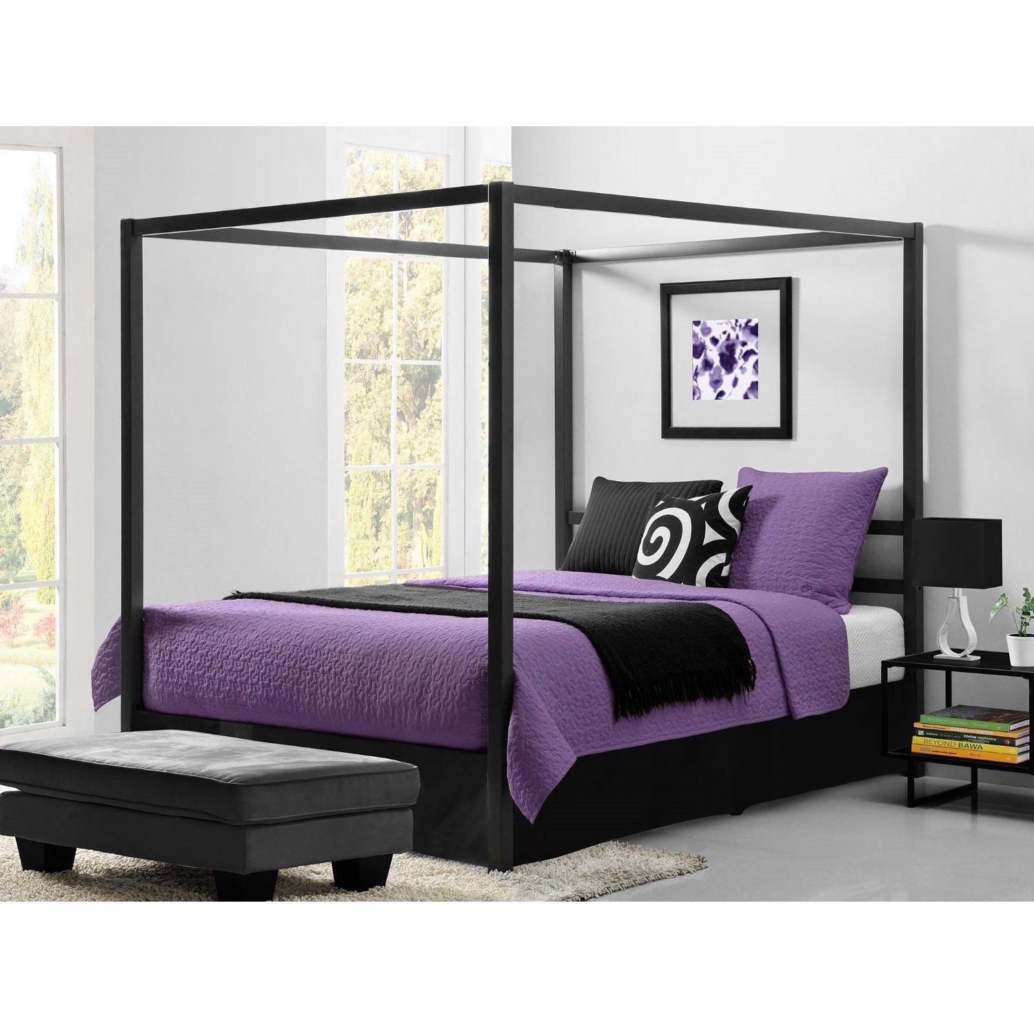 Queen size Modern Canopy Bed in Sturdy Grey Metal-0