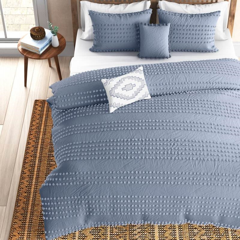 Full/Queen size 5-Piece 100-Percent Cotton Clip Dot Comforter Set in Denim Blue-1