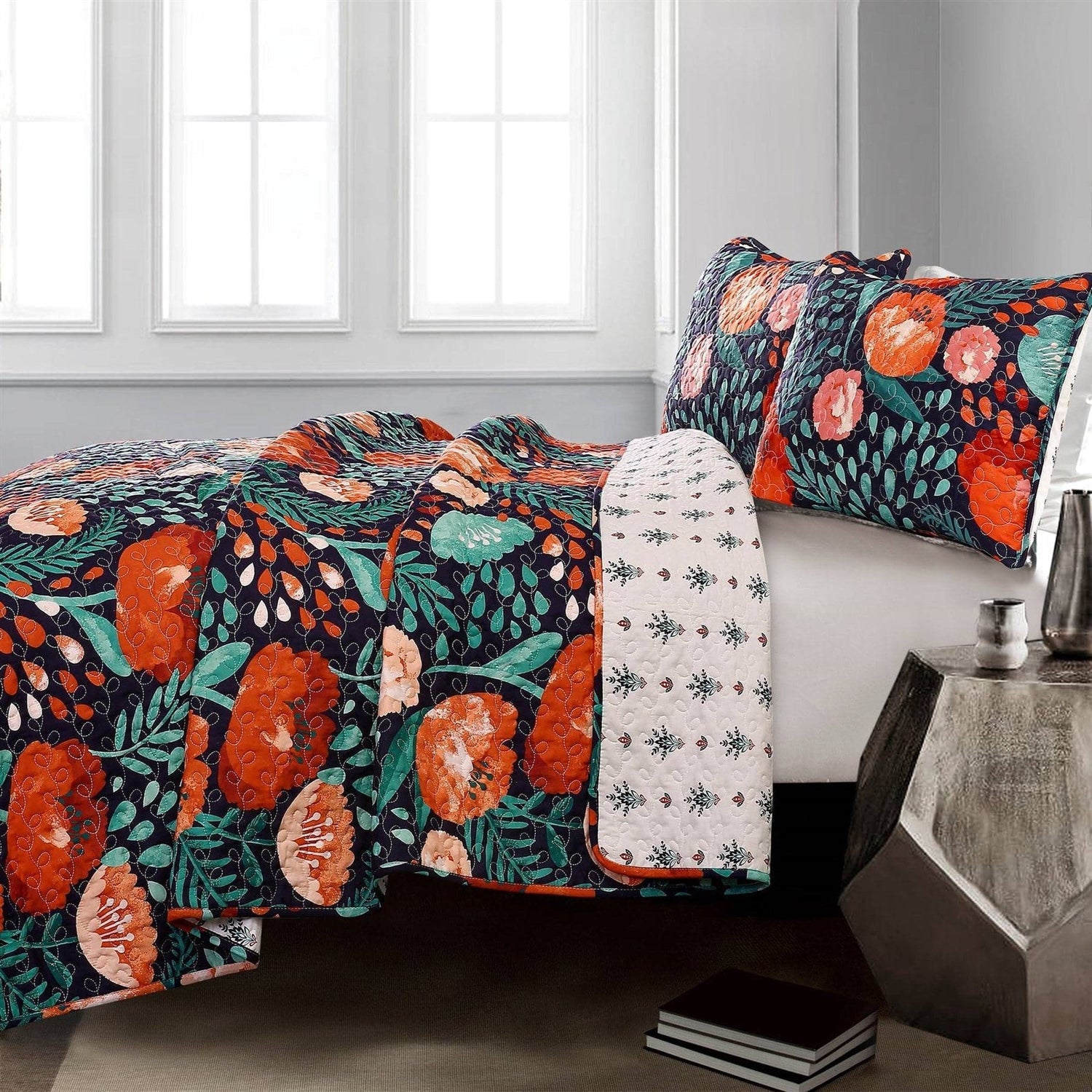 Full/Queen Floral Red Poppy Navy Teal Lightweight 3 Piece Cotton Quilt Set-1