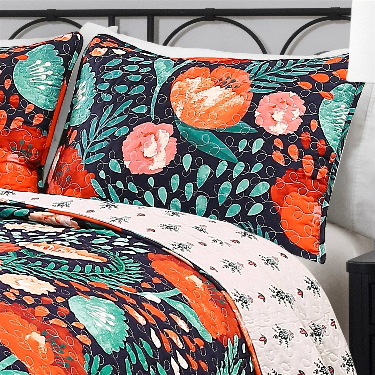 Full/Queen Floral Red Poppy Navy Teal Lightweight 3 Piece Cotton Quilt Set-2