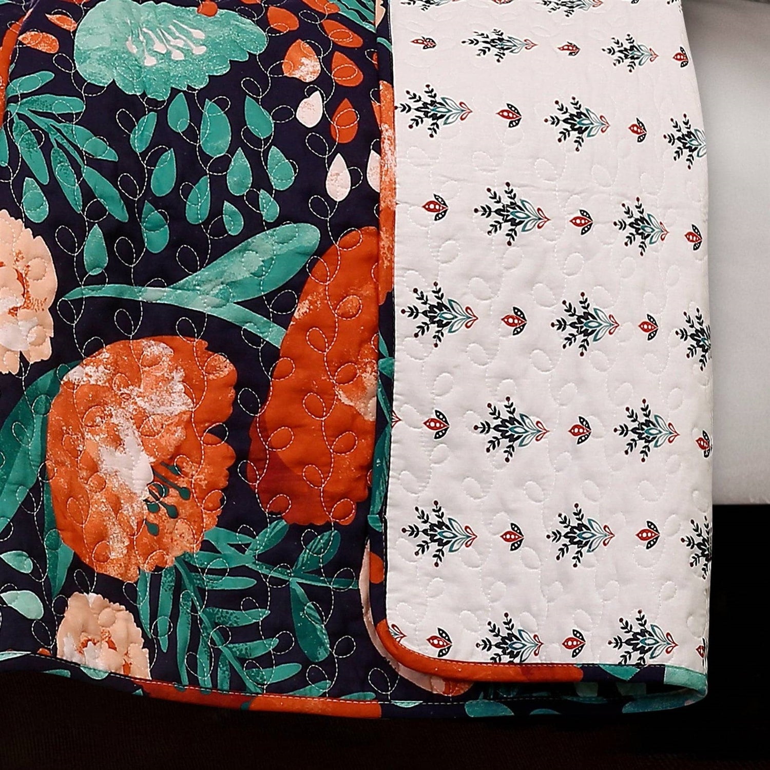 Full/Queen Floral Red Poppy Navy Teal Lightweight 3 Piece Cotton Quilt Set-3