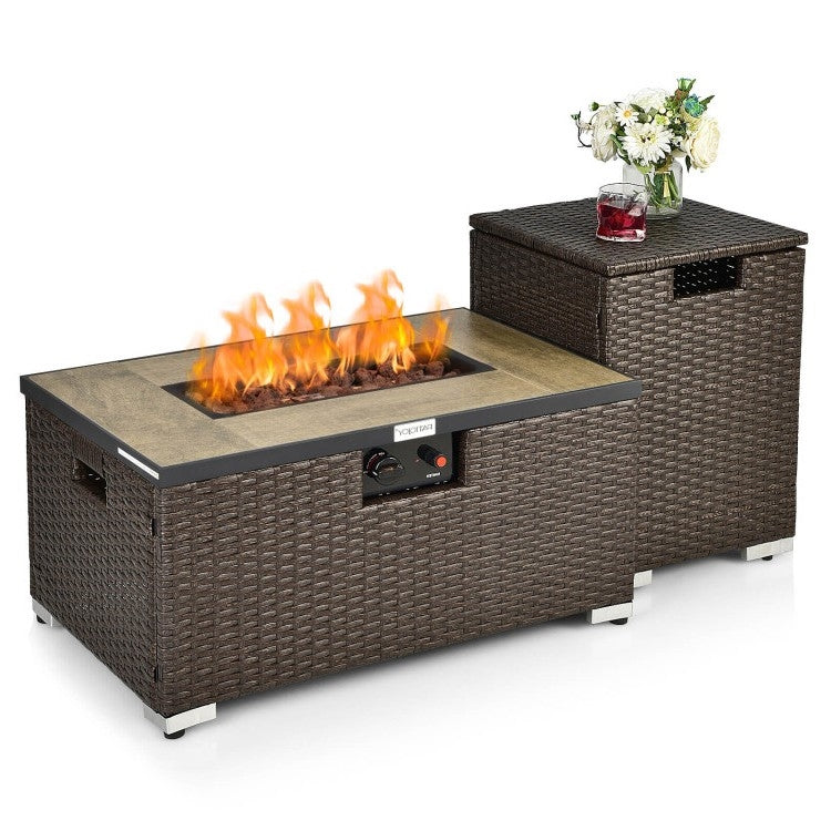 Outdoor Propane Fire Pit with Side Table Tank Holder in Brown PE Rattan-0