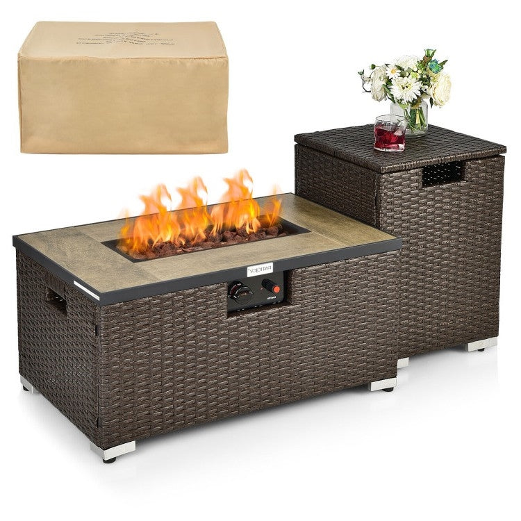 Outdoor Propane Fire Pit with Side Table Tank Holder in Brown PE Rattan-1