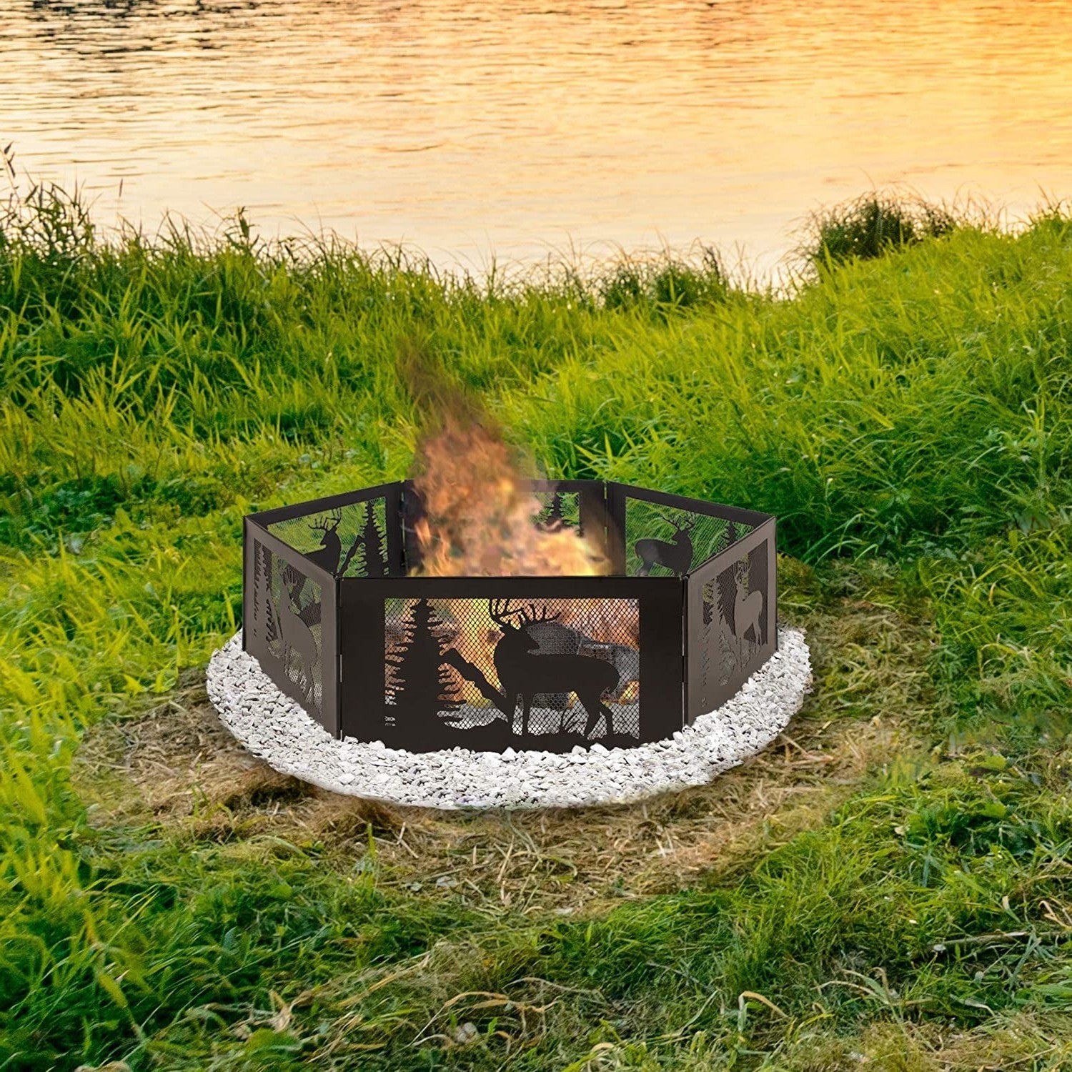 Deer Print Hexagon Portable Folding Steel Mesh Fire Pit w/ Carry Case-2