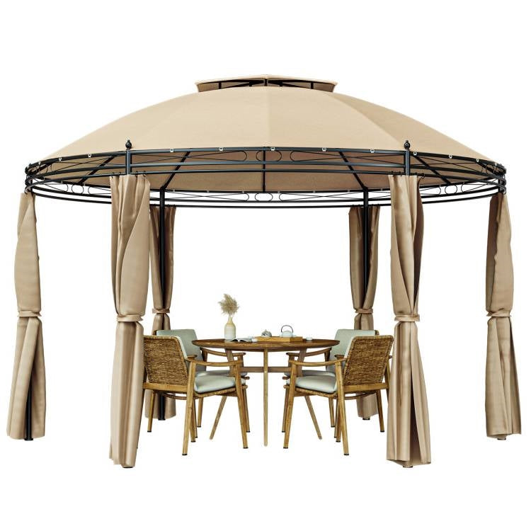 Circular Dome Hexagon Gazebo Canopy with Polyester Privacy Curtain in Brown-0