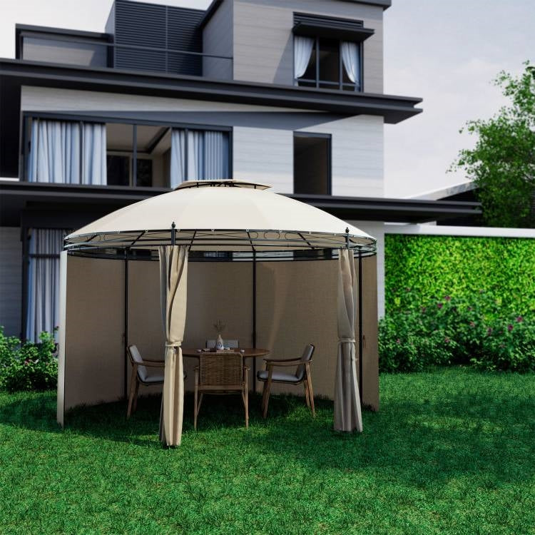 Circular Dome Hexagon Gazebo Canopy with Polyester Privacy Curtain in Brown-2