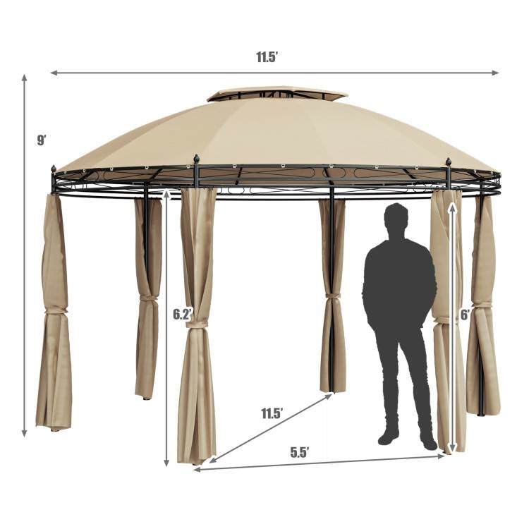 Circular Dome Hexagon Gazebo Canopy with Polyester Privacy Curtain in Brown-4