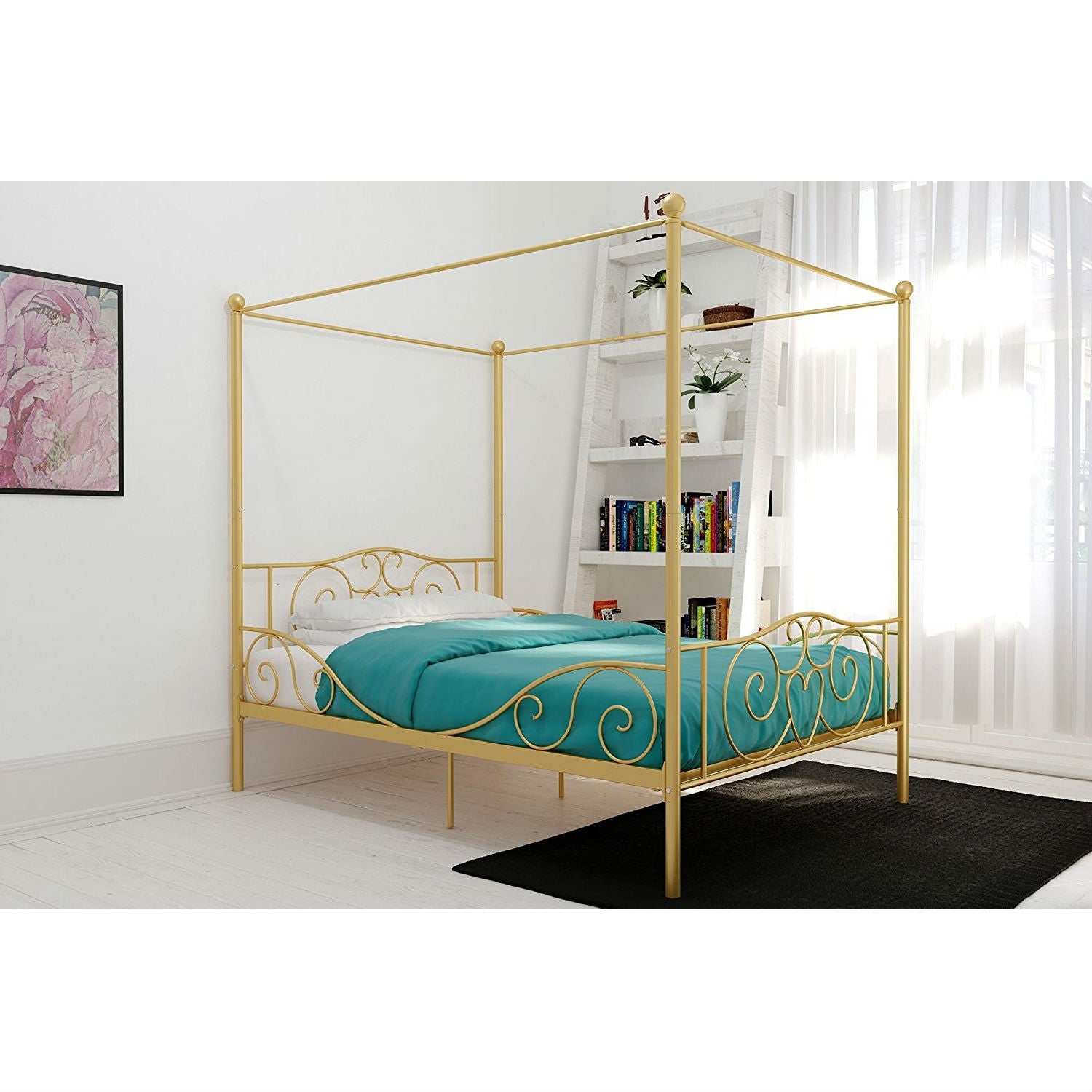 Full size Heavy Duty Metal Canopy Bed Frame in Gold Finish-4