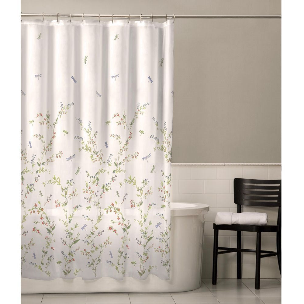 Floral Dragonfly Polyester Machine Washable Shower Curtain-1