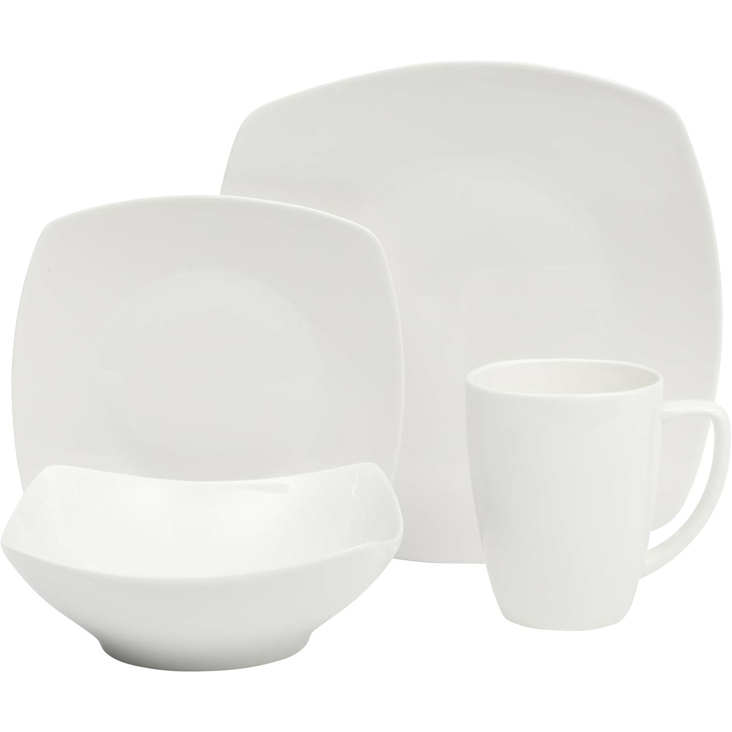 16 Pieces - White Square Porcelain Dinnerware Set - Service for 4-1
