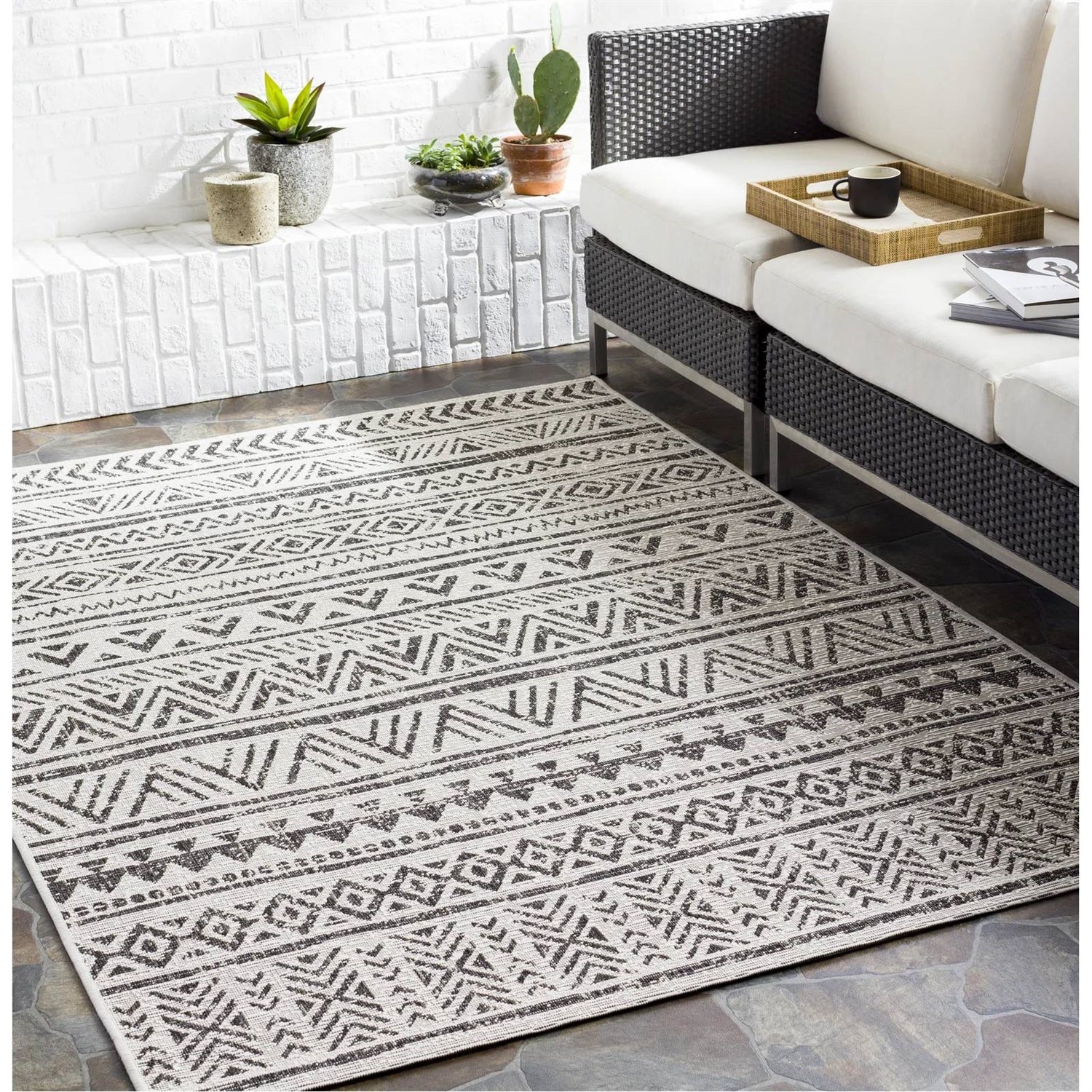 5 ft. x 8 ft. Black Off-White Chevron Coastal Boho Style Indoor Outdoor Area Rug-1