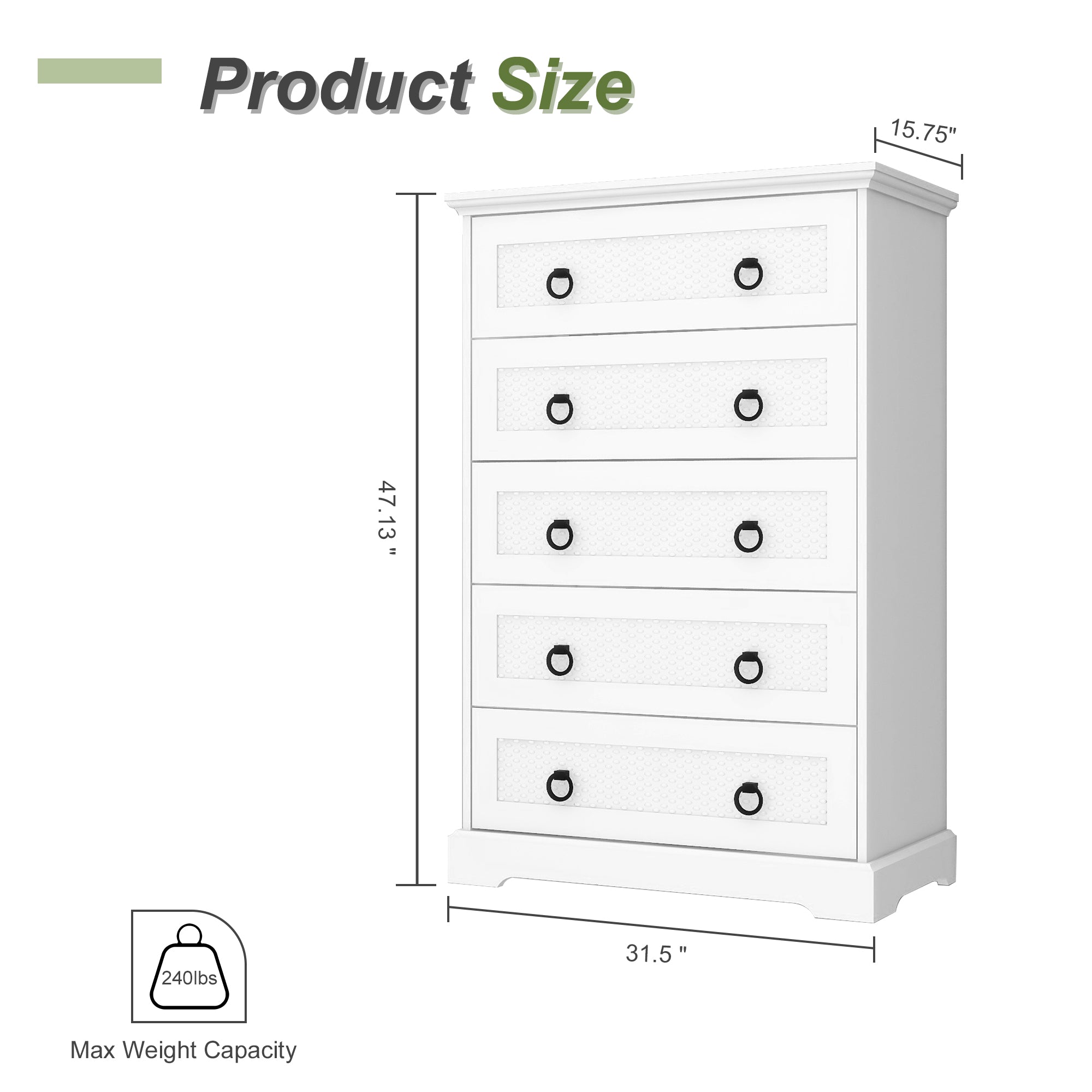 Modern 5-Drawer Dresser – 31.5" Wide Farmhouse Chest for Bedroom, Living Room, Entryway – White Tall Storage Cabinet