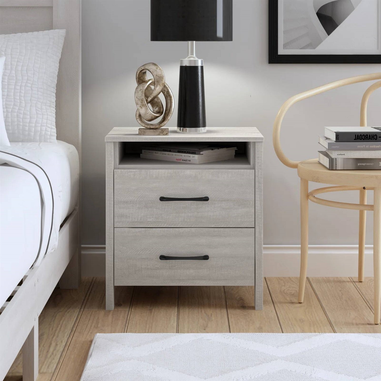 Modern Farmhouse Bedroom 2-Drawer Bedside Table Nightstand in Grey Wood Finish-0