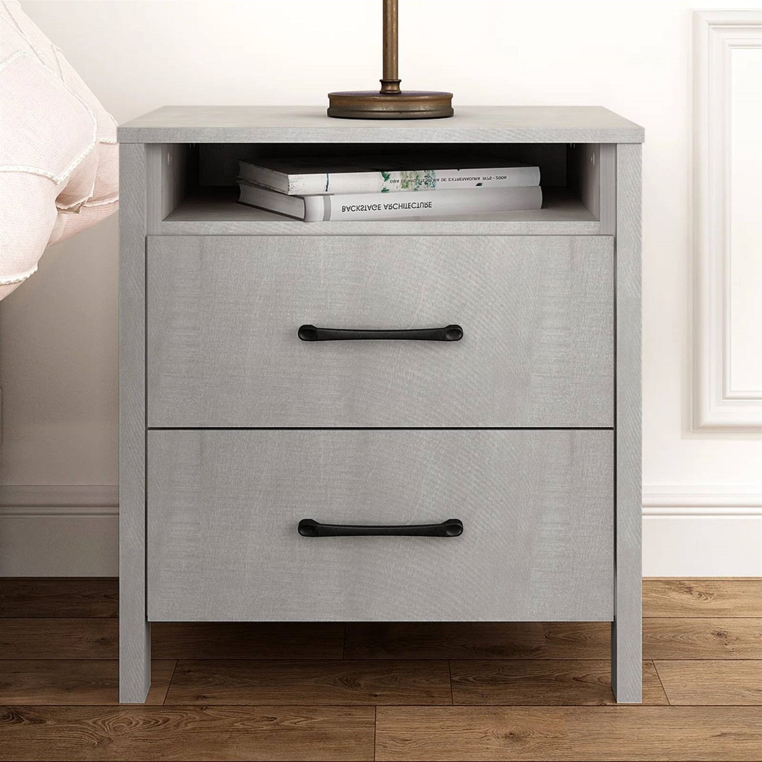 Modern Farmhouse Bedroom 2-Drawer Bedside Table Nightstand in Grey Wood Finish-2
