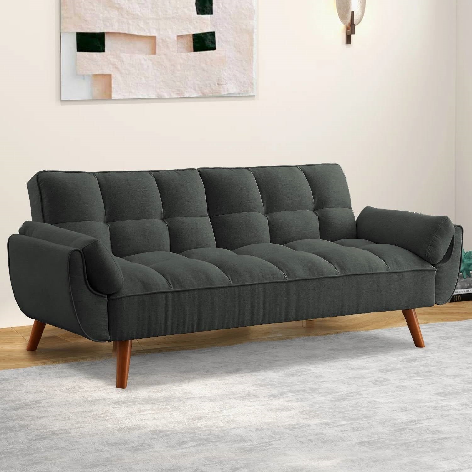 Mid-Century Modern Sofa Bed in Dark Grey Linen Polyester Tufted Upholstery-0