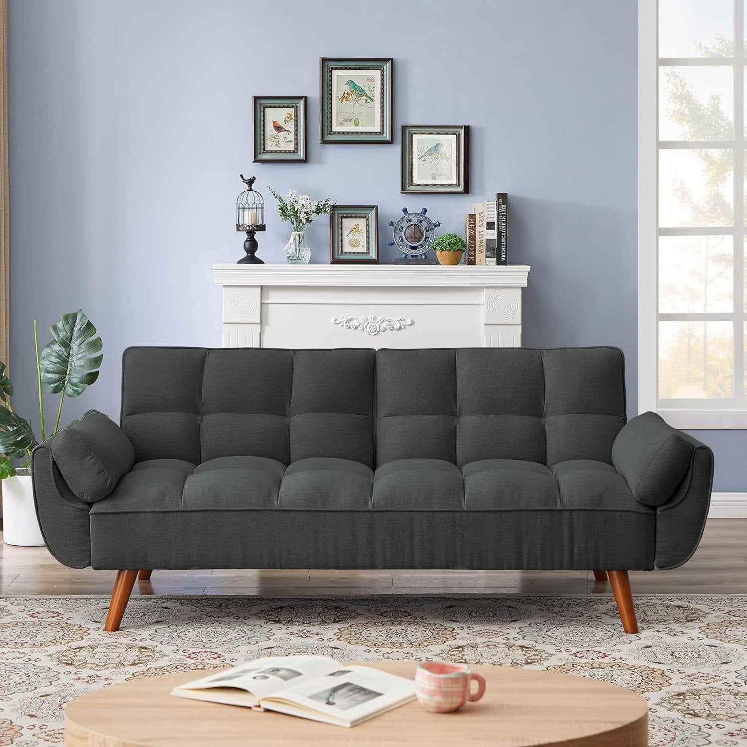 Mid-Century Modern Sofa Bed in Dark Grey Linen Polyester Tufted Upholstery-2