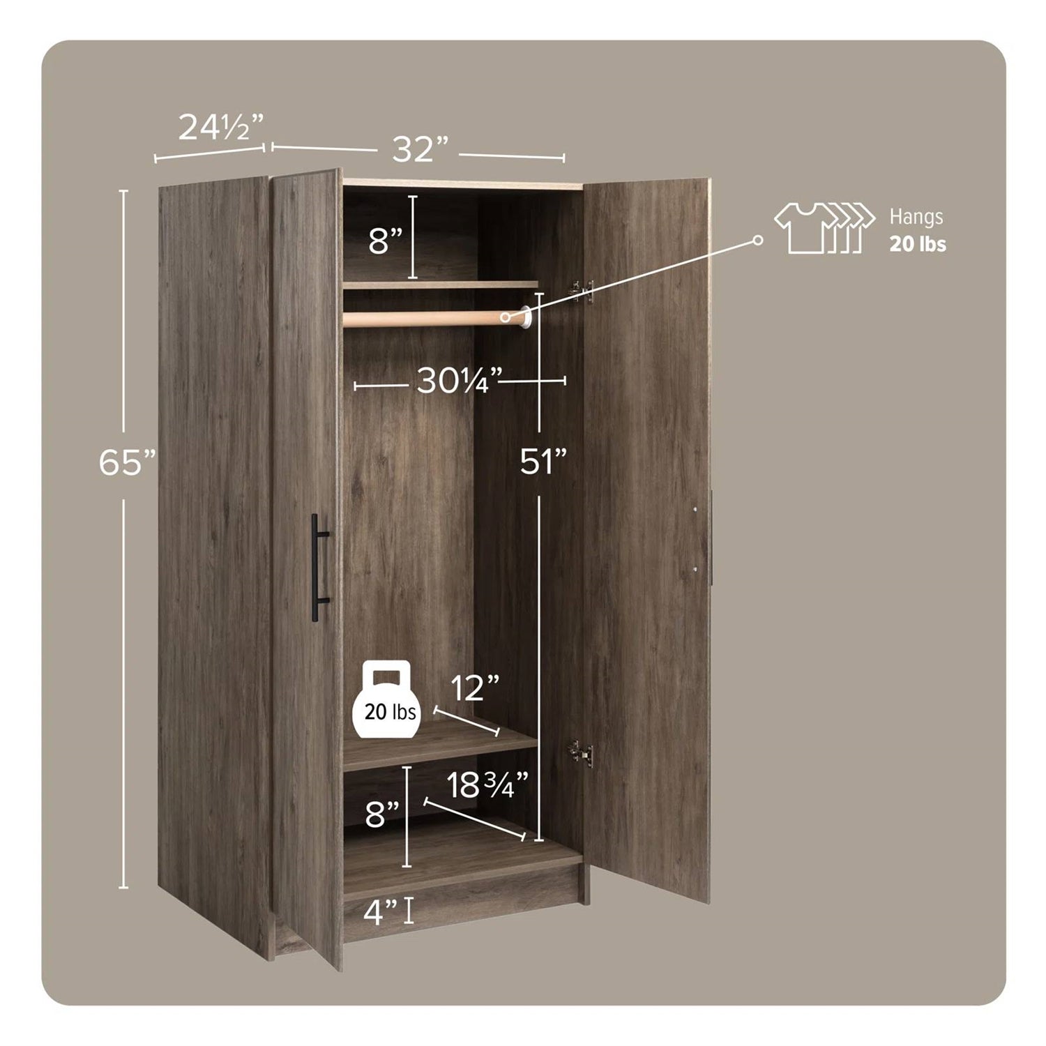 Bedroom Armoire Wardrobe Cabinet with Hanging Rail in Grey Brown Wood Finish-4