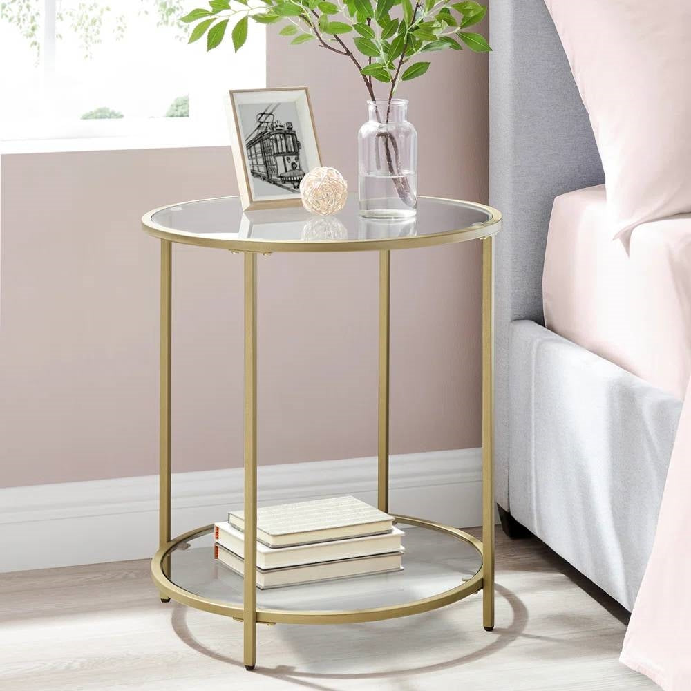 Modern Glass Top Round Metal End Table Nightstand with Bottom Shelf in Gold-0