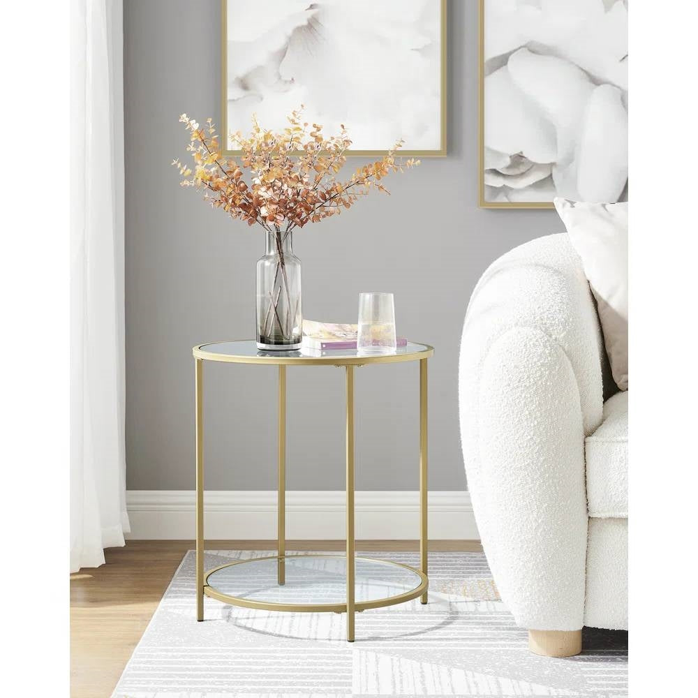 Modern Glass Top Round Metal End Table Nightstand with Bottom Shelf in Gold-1