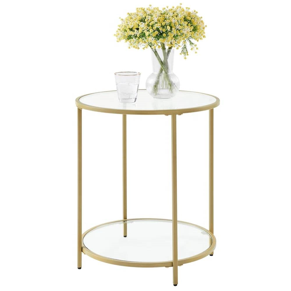 Modern Glass Top Round Metal End Table Nightstand with Bottom Shelf in Gold-2