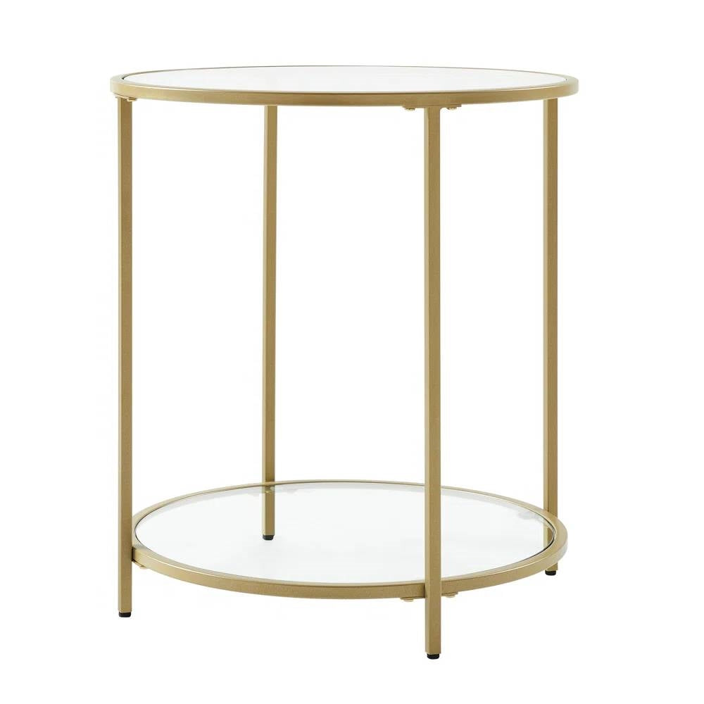 Modern Glass Top Round Metal End Table Nightstand with Bottom Shelf in Gold-3