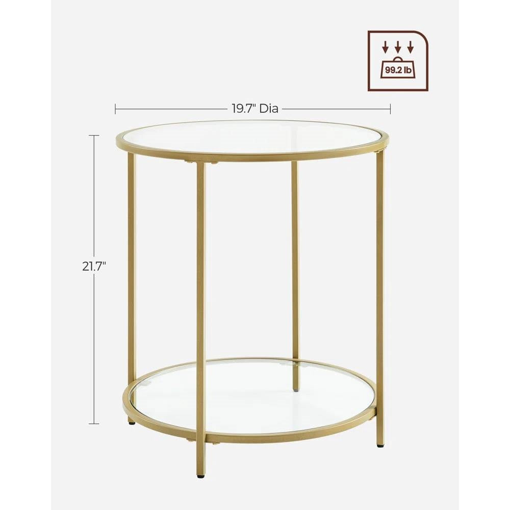 Modern Glass Top Round Metal End Table Nightstand with Bottom Shelf in Gold-4