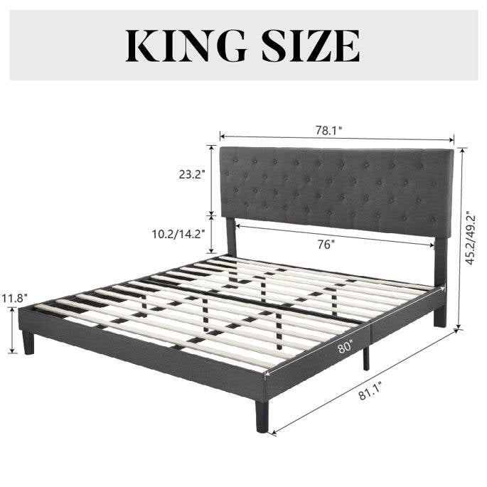 King Size Adjustable Height Grey Linen Tufted Low Profile Platform Bed-4