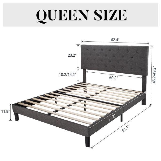 Queen Size Adjustable Height Grey Linen Upholstered Platform Bed with Headboard-4