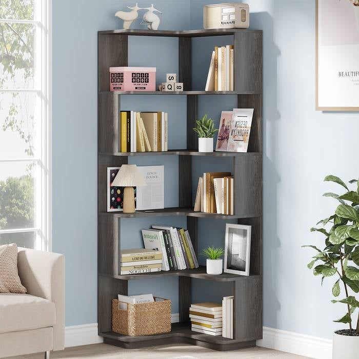 Multifunctional 6 Shelf Corner L-Shaped Bookcase in Dark Grey Wood Finish-1