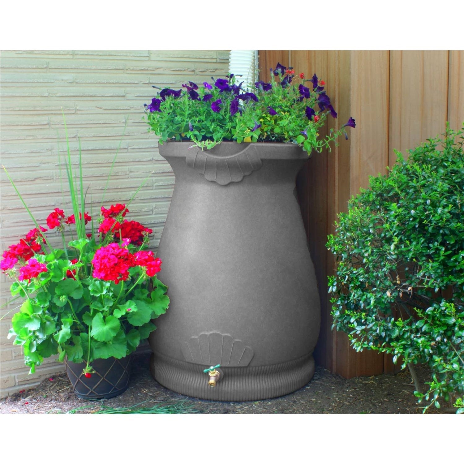 Grey Granite 65 Gallon Plastic Urn Rain Barrel with Planter Top-1