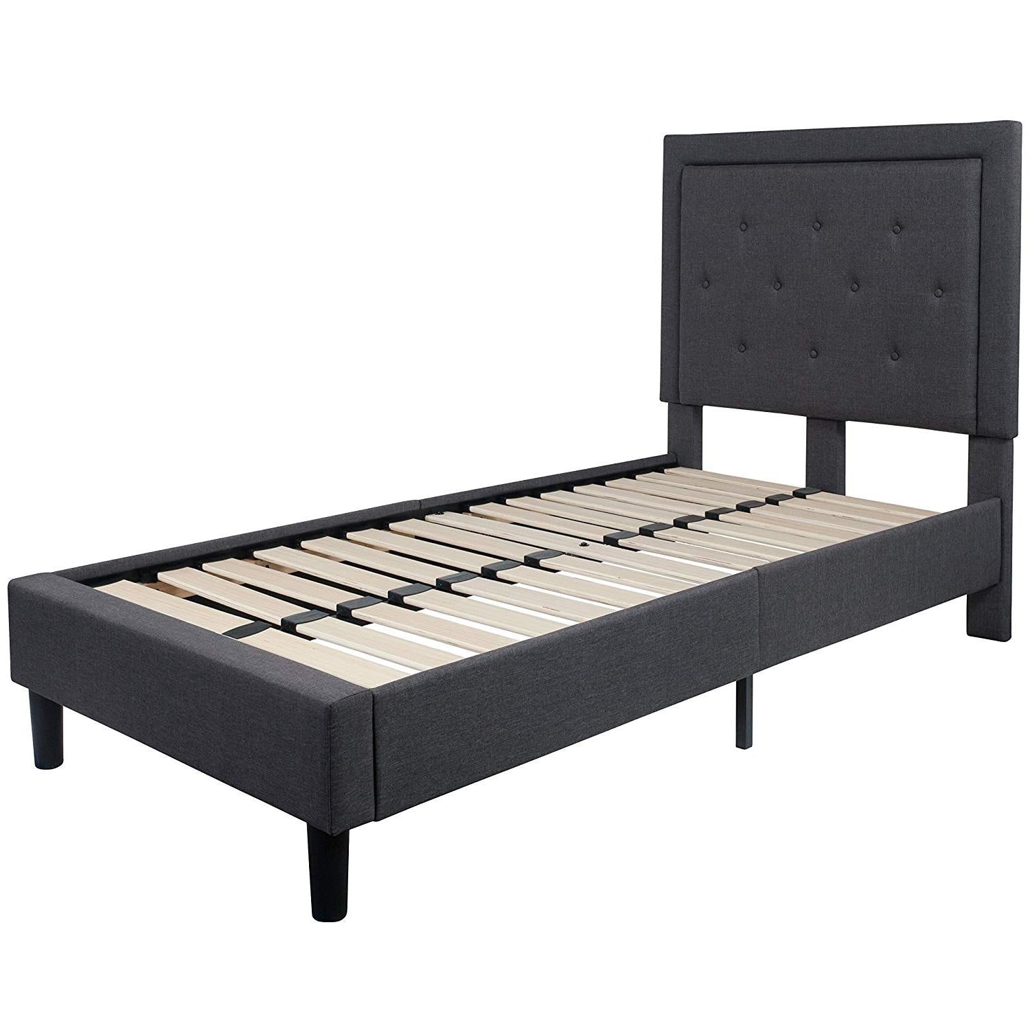 Twin Dark Gray Fabric Upholstered Platform Bed with Button Tufted Headboard-0