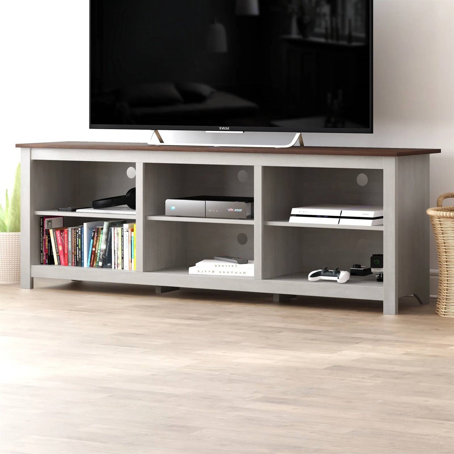Farmhouse TV Stand in Grey Oak with Brown Wood Finish Top for TVs up to 70-inch-2