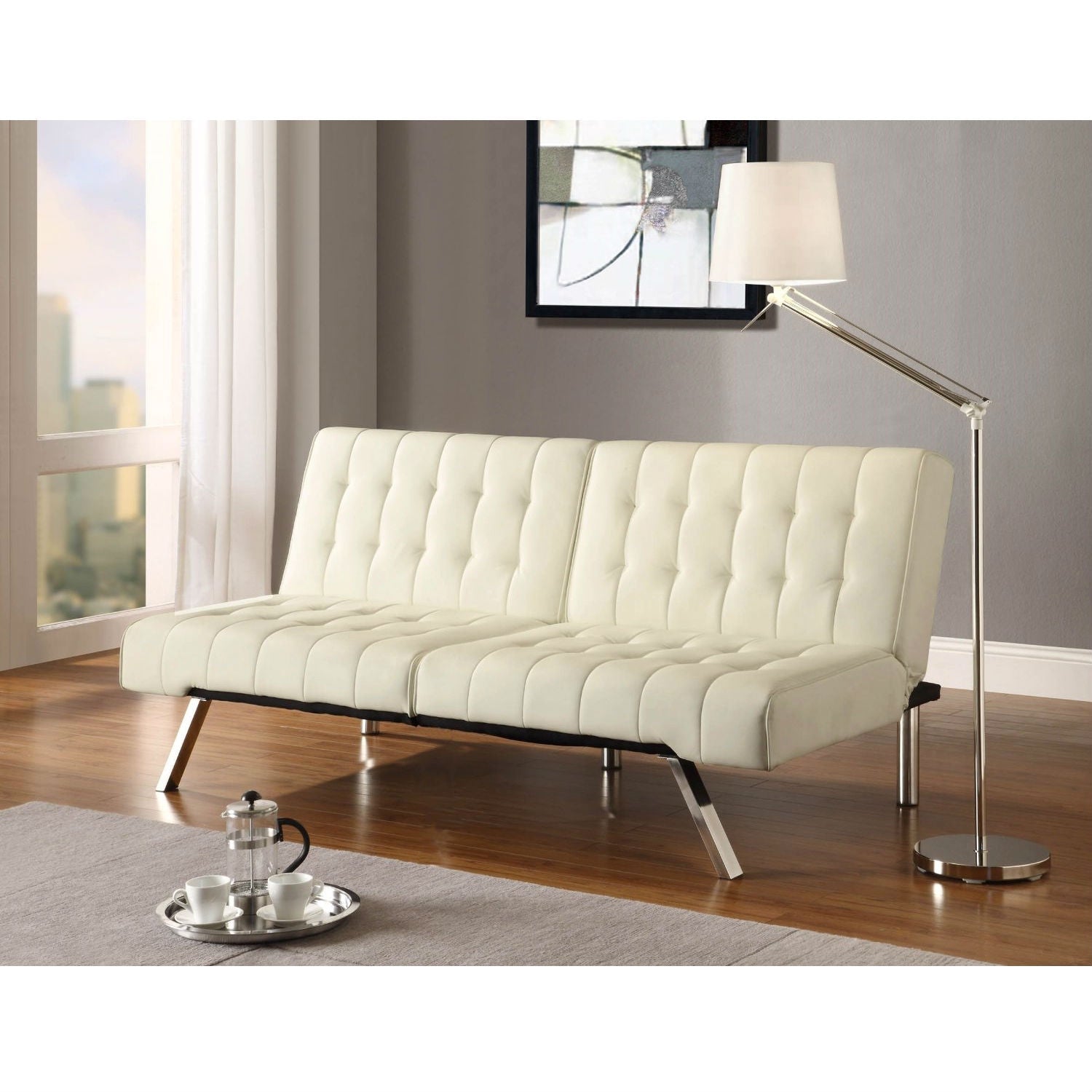 Split-back Modern Futon Style Sleeper Sofa Bed in Vanilla Faux Leather-1