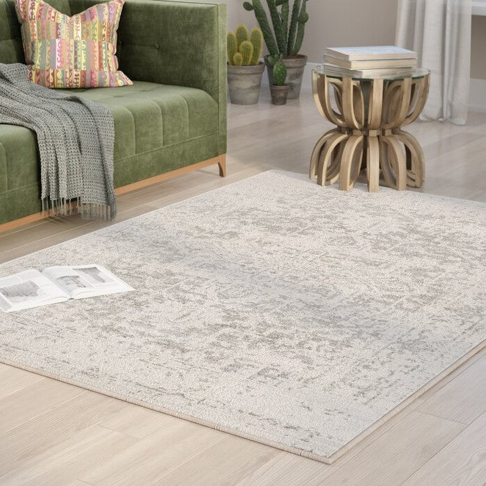 3' x 5' Distressed Oriental Area Rug in Light Grey / Beige-4