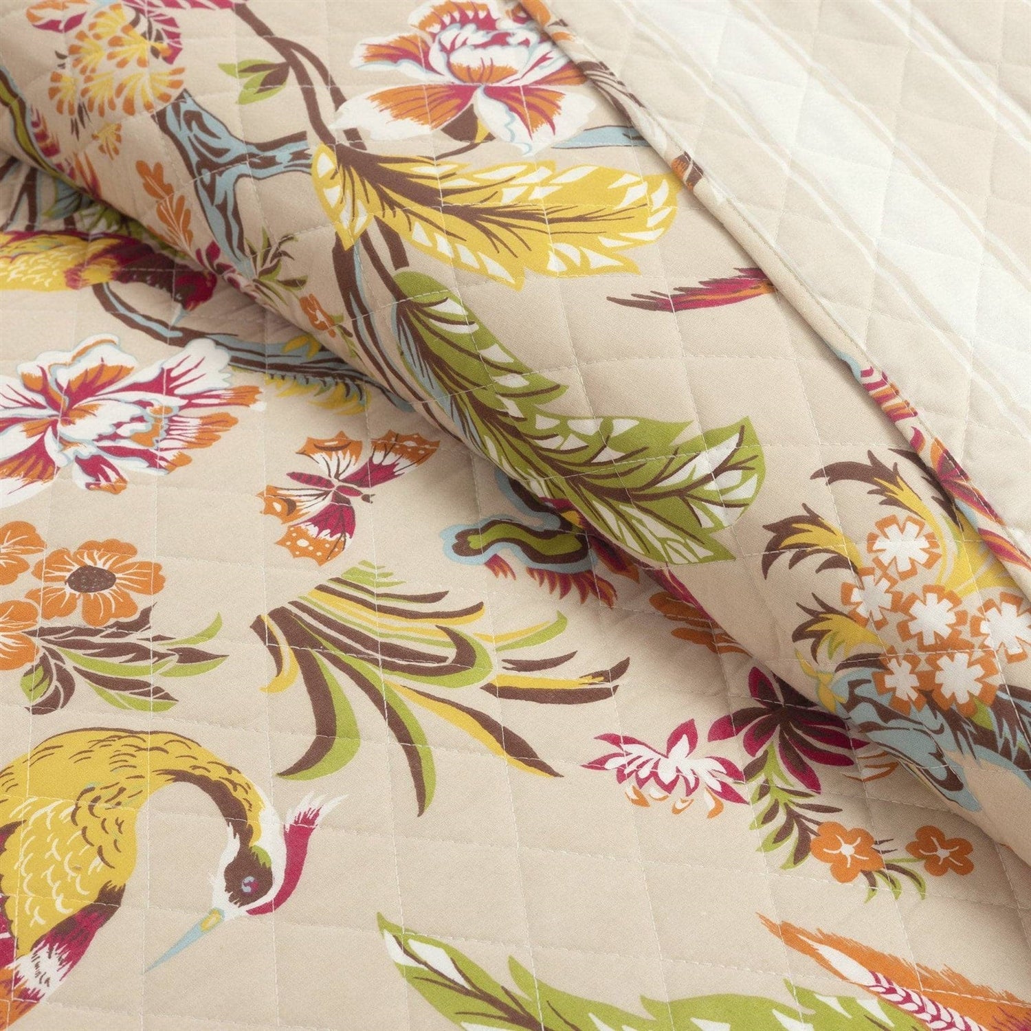 Full/Queen Size 3 PCS Lightweight Peacocks Polyester Quilt Set Tan-1