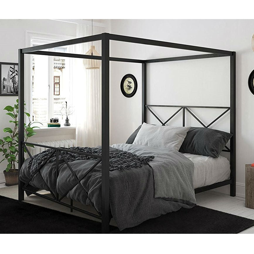 Queen size Modern Black Metal Four-Poster Canopy Bed Frame-3