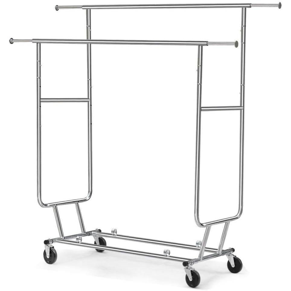 Heavy Duty Double Bar Clothes Hanging Garment Rack on Lockable Wheels-0