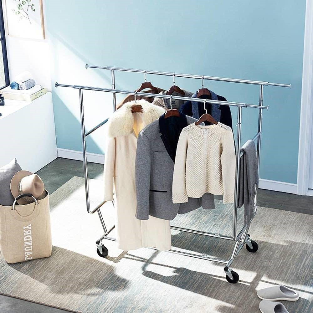 Heavy Duty Double Bar Clothes Hanging Garment Rack on Lockable Wheels-3