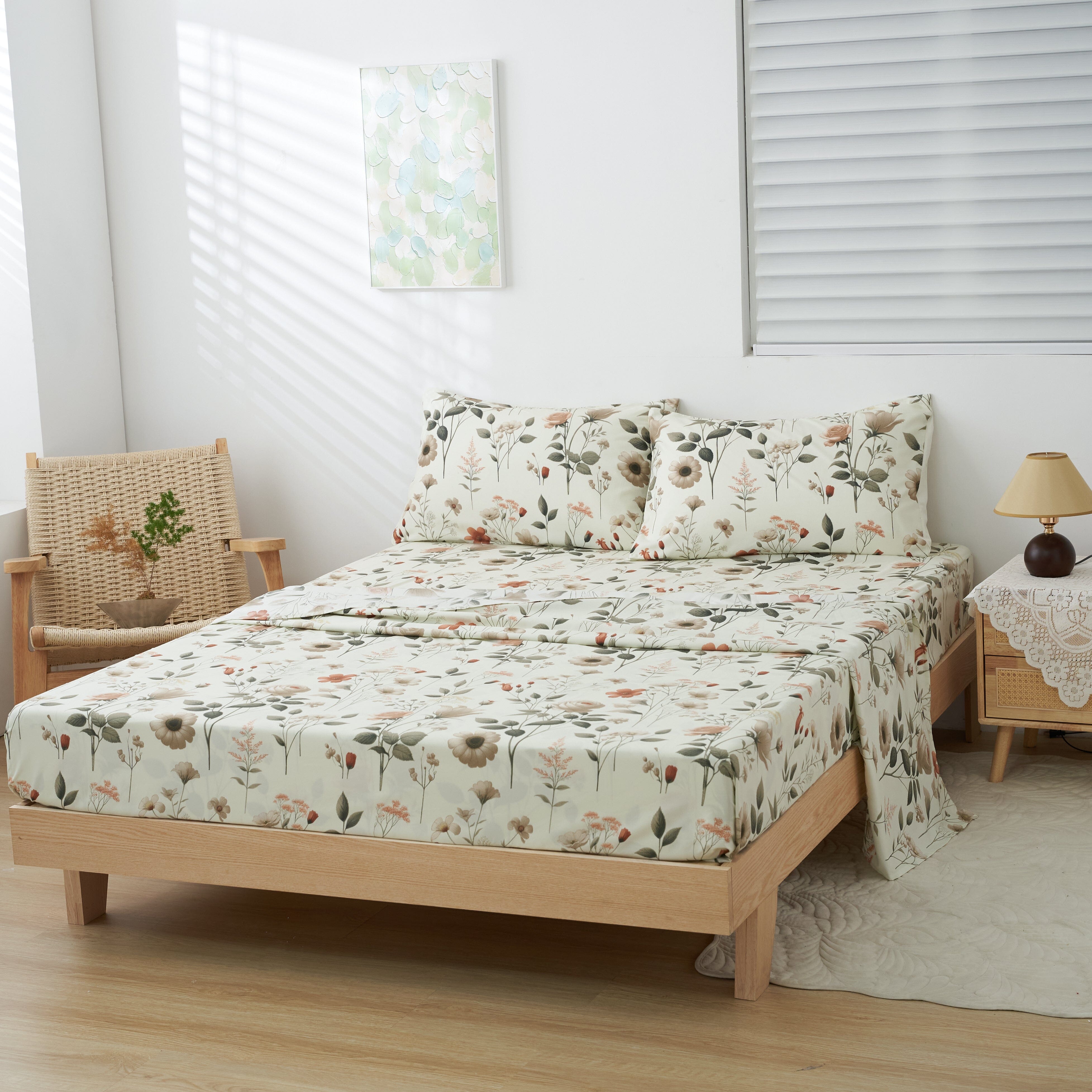 DaDalogy Enchanted Meadow Bed in a bag Set - Victoria Garden Delicate Floral Symphony in Beige, Rose, and Soft Green, Luxuriously Soft Quilted Set