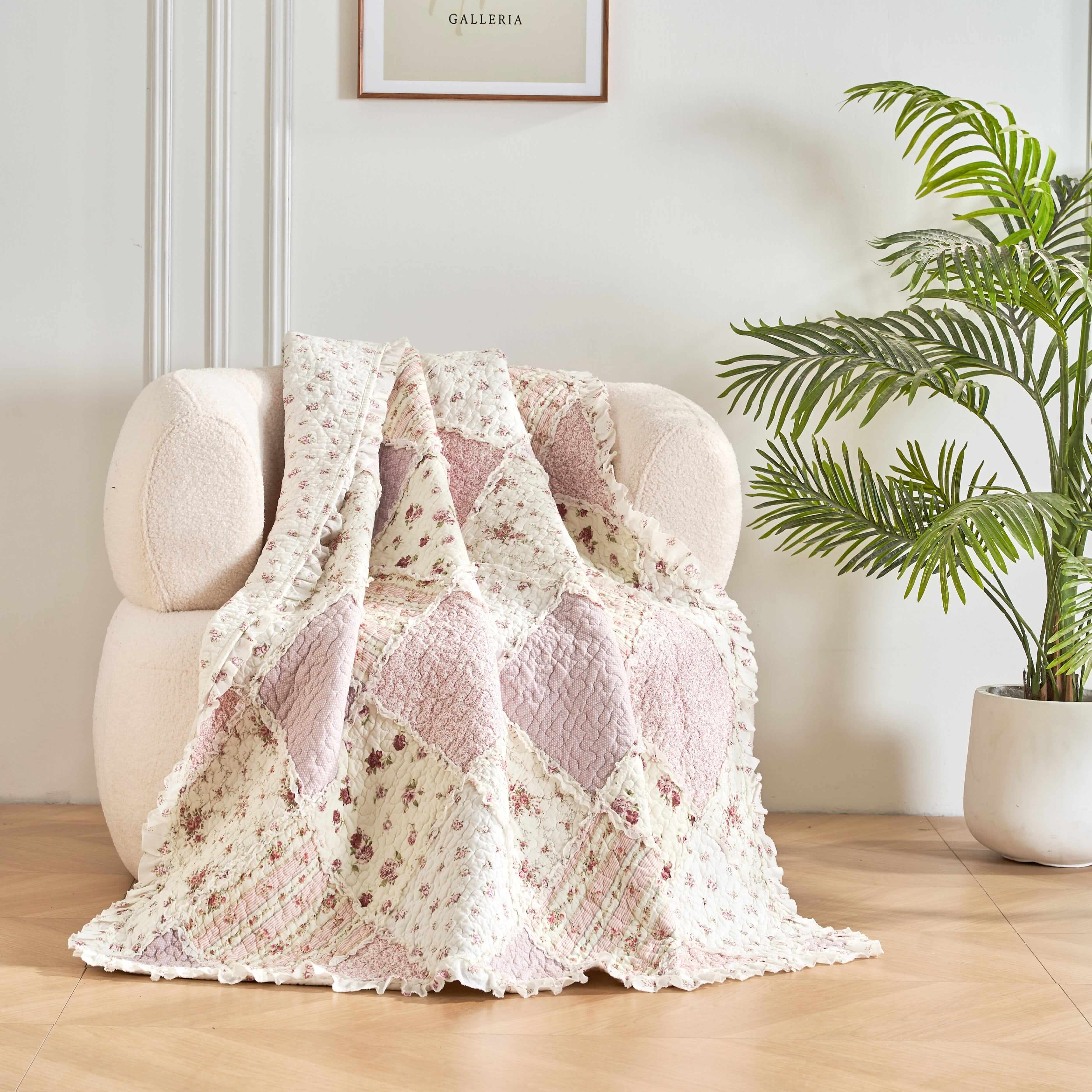 DaDalogy Cotton Patchwork Throw Blanket - Floral Cottage Quilted Reversible Blush Pink & Cream Shabby Chic Botanical Ruffle Design - Vintage Garden Rose Pastel Accents - 50 x 60
