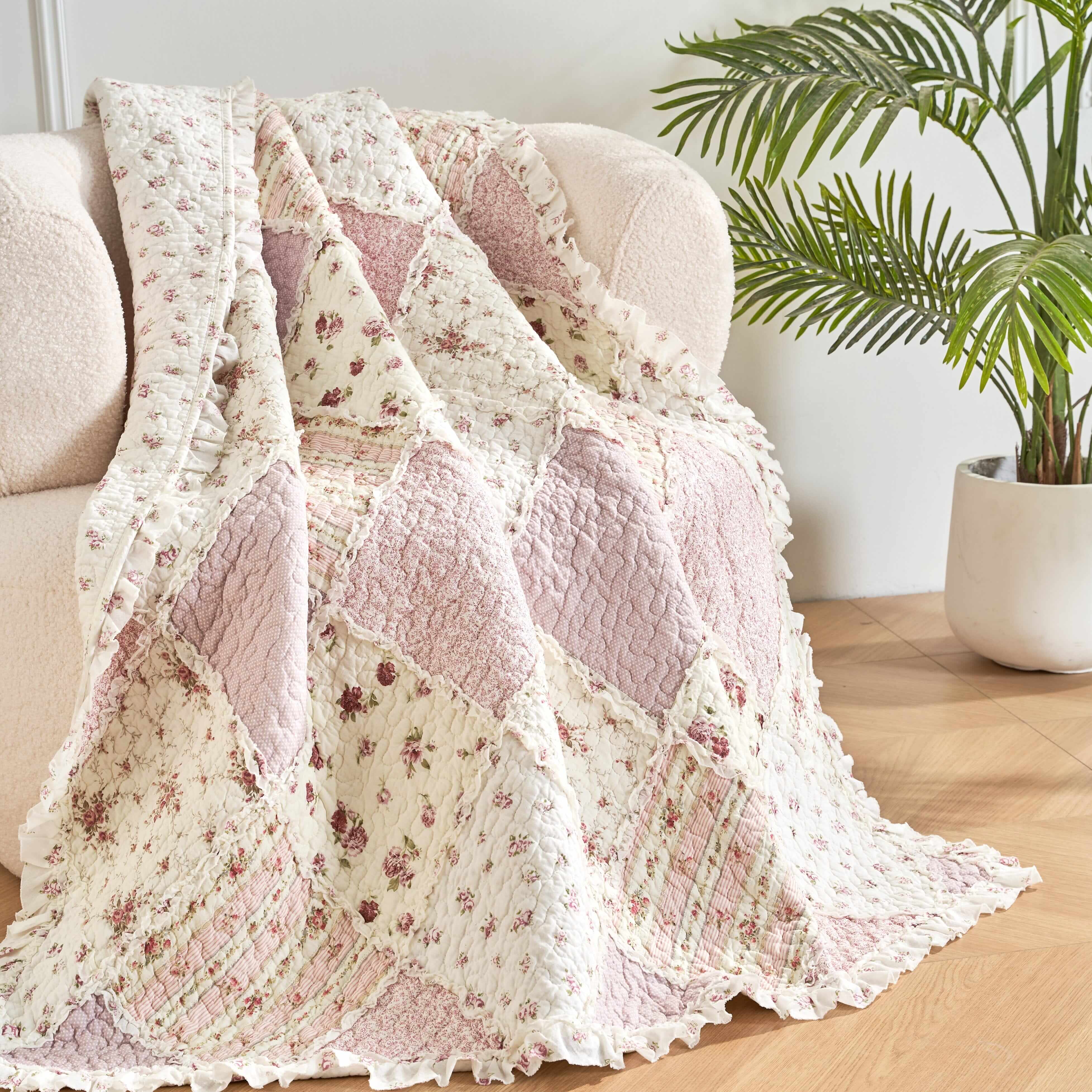 DaDalogy Cotton Patchwork Throw Blanket - Floral Cottage Quilted Reversible Blush Pink & Cream Shabby Chic Botanical Ruffle Design - Vintage Garden Rose Pastel Accents - 50 x 60