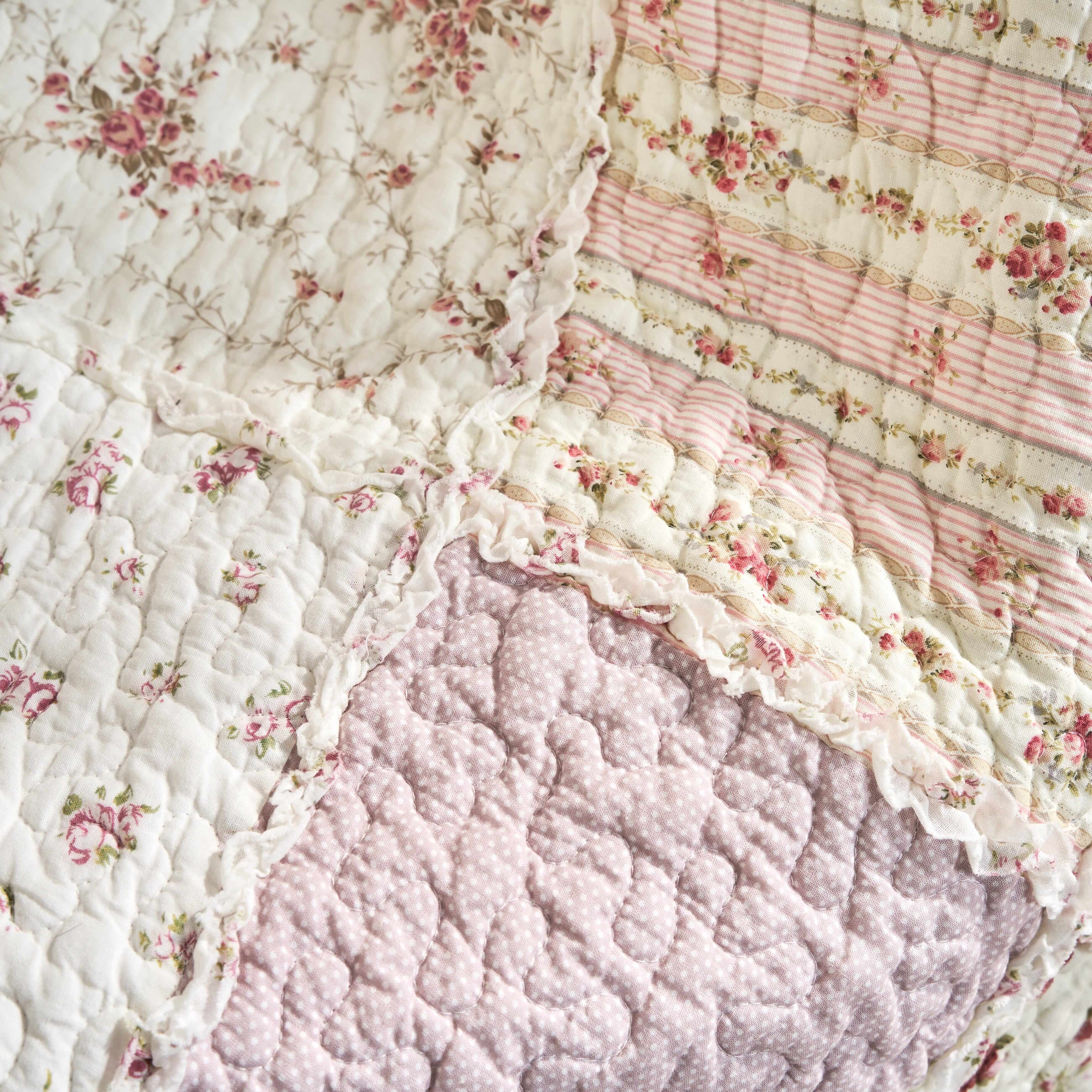 DaDalogy Cotton Patchwork Throw Blanket - Floral Cottage Quilted Reversible Blush Pink & Cream Shabby Chic Botanical Ruffle Design - Vintage Garden Rose Pastel Accents - 50 x 60