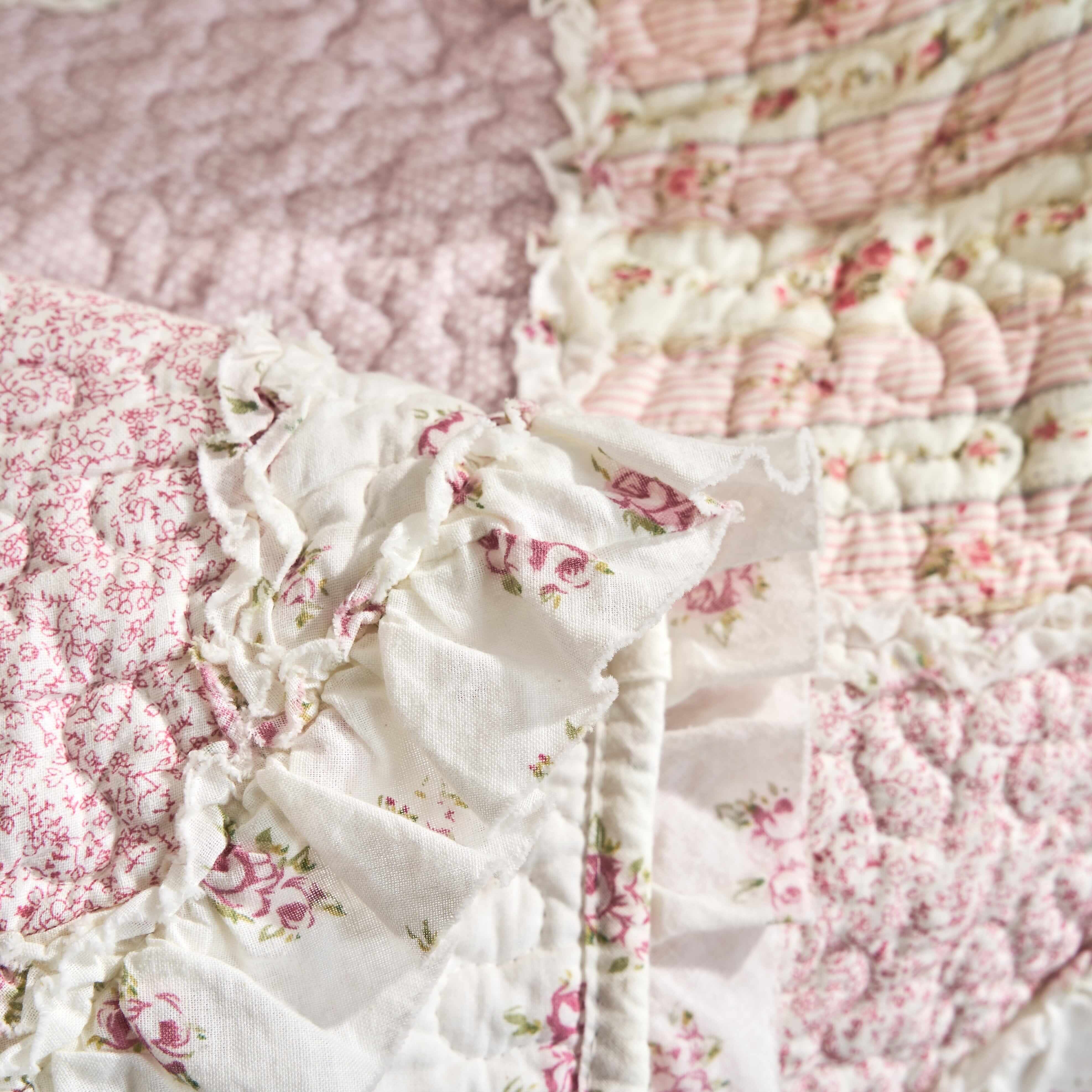 DaDalogy Cotton Patchwork Throw Blanket - Floral Cottage Quilted Reversible Blush Pink & Cream Shabby Chic Botanical Ruffle Design - Vintage Garden Rose Pastel Accents - 50 x 60