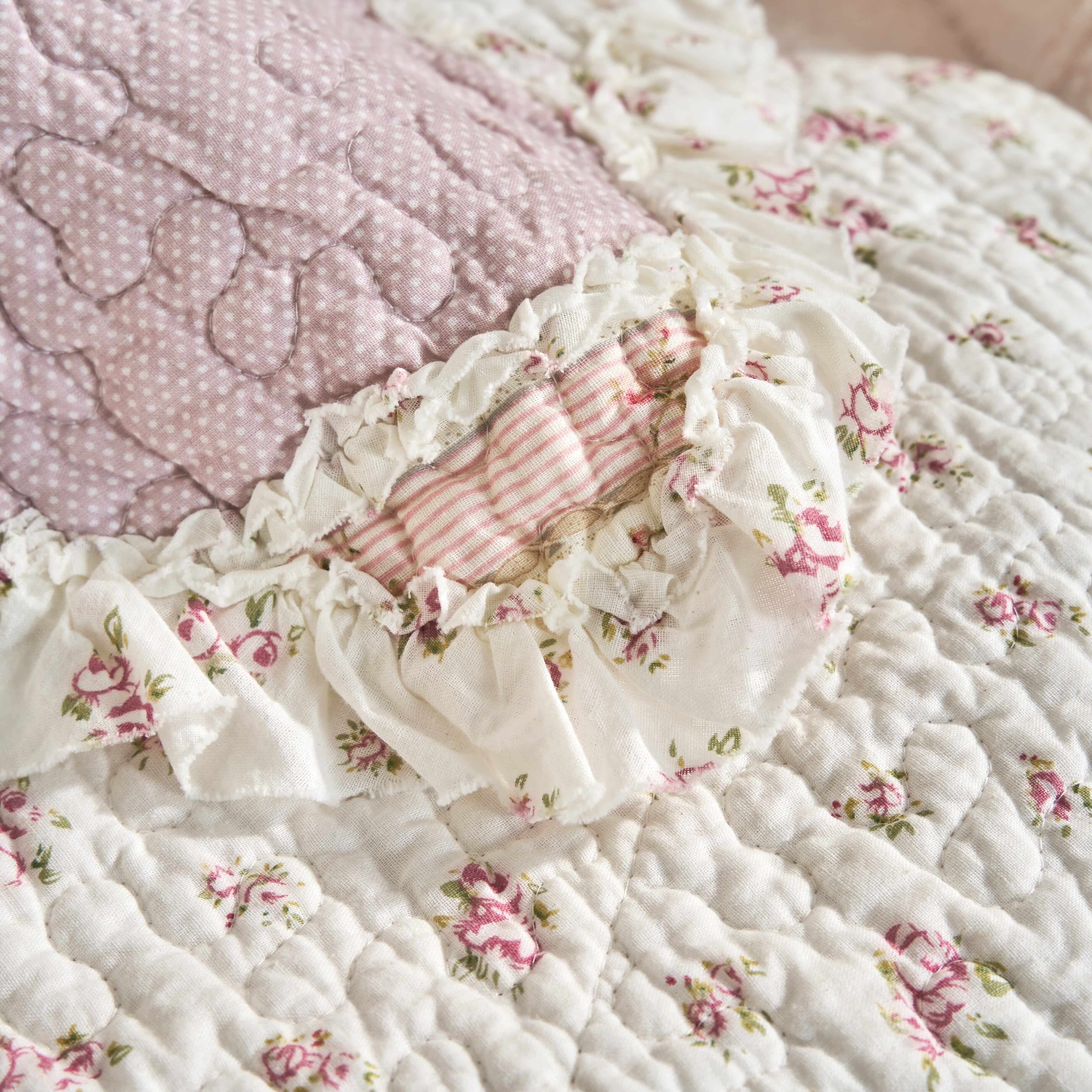 DaDalogy Cotton Patchwork Throw Blanket - Floral Cottage Quilted Reversible Blush Pink & Cream Shabby Chic Botanical Ruffle Design - Vintage Garden Rose Pastel Accents - 50 x 60